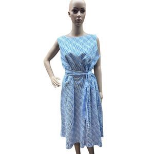 Anna Klein A Line White Blue Seersucker Cotton Career Church Dress Size 16